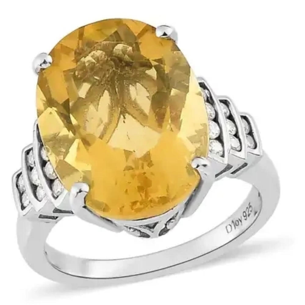 Canary Fluorite and White Zircon Ring in Platinum Over Sterling Silver - Picture 1 of 6